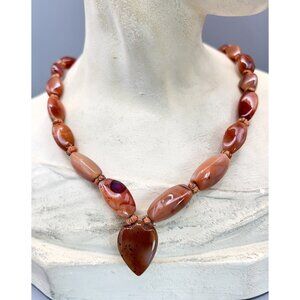 Antique Vintage Graduated Long Bead Carnelian Necklace & Heart Pendant
